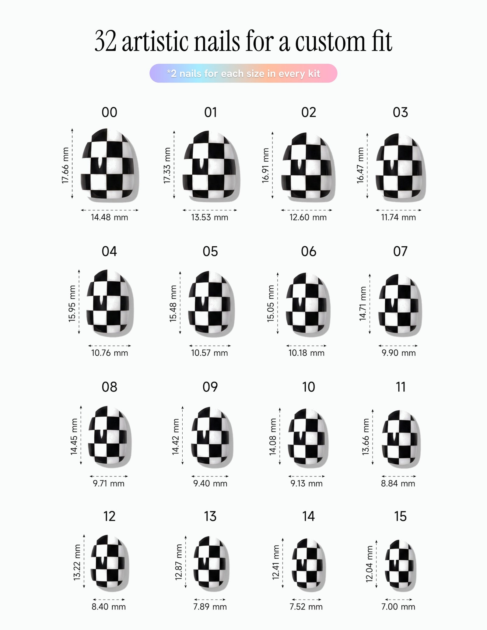Checkmate — Oval size chart, 16 sizes with millimetre measurements