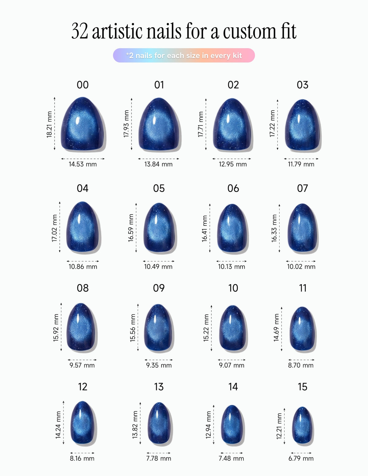Cobalt — Almond size chart, 16 sizes with millimetre measurements