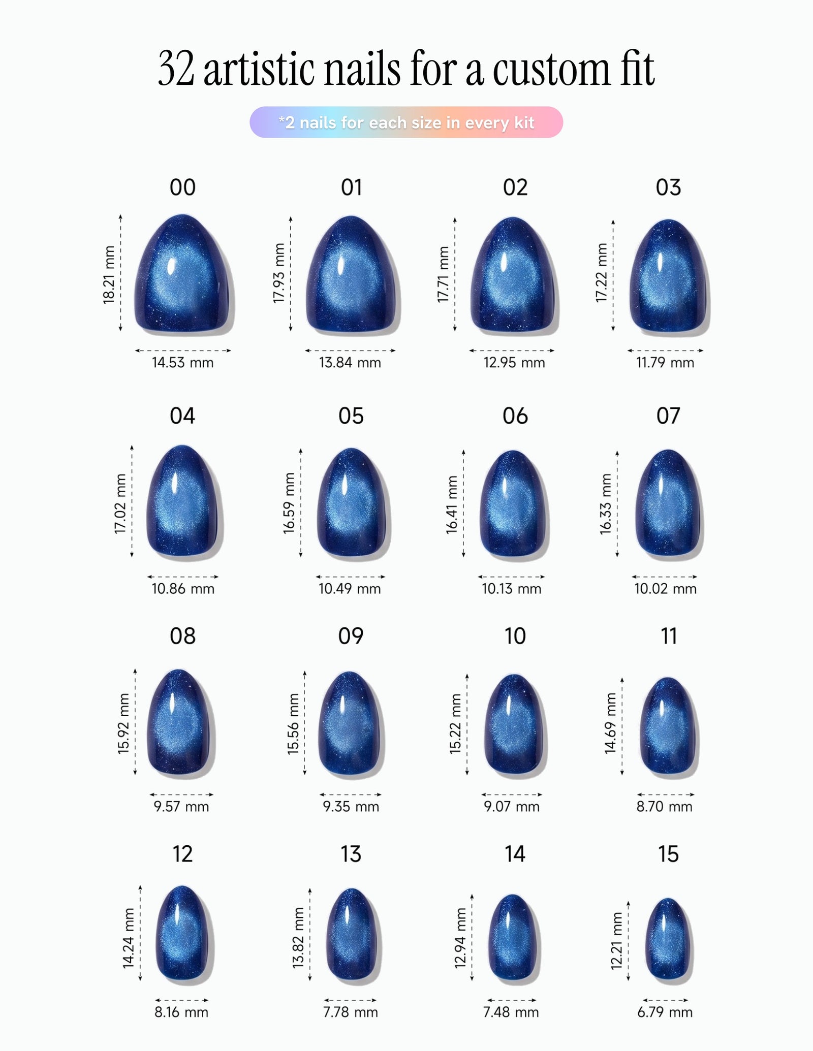 Cobalt — Almond size chart, 16 sizes with millimetre measurements