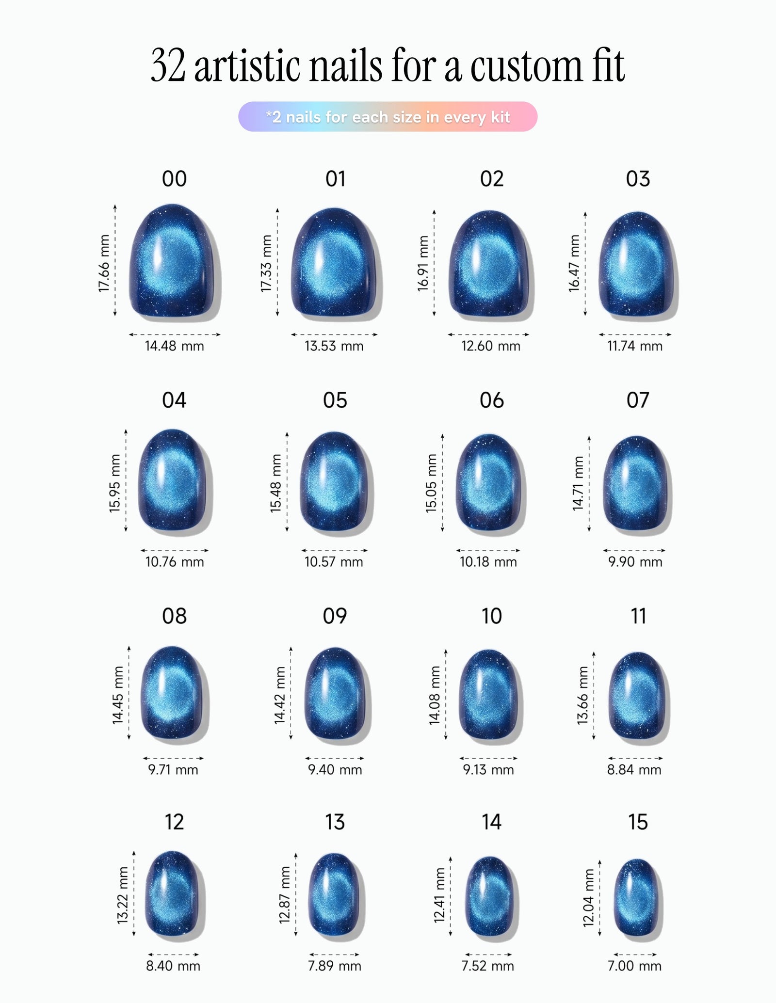 Cobalt — Oval size chart, 16 sizes with millimetre measurements