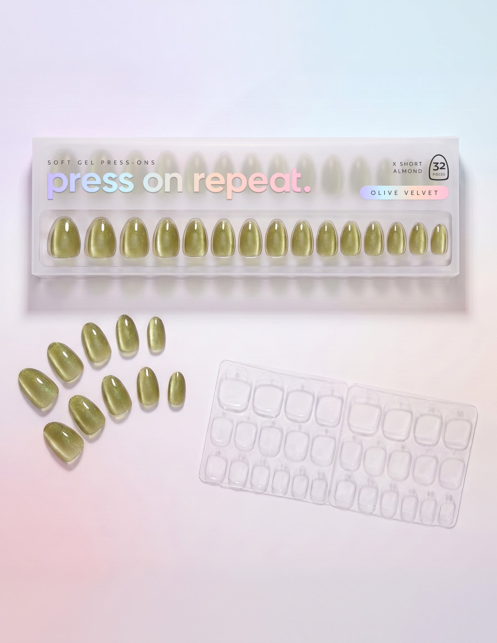 Olive Velvet press-on nails — Almond (extra-short) retail box with loose nails and adhesive tabs
