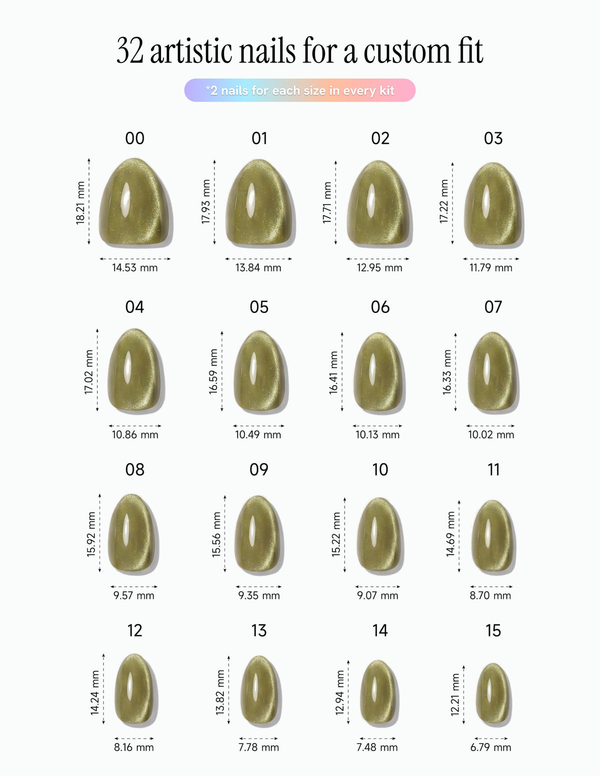 Olive Velvet — Almond size chart, 16 sizes with millimetre measurements