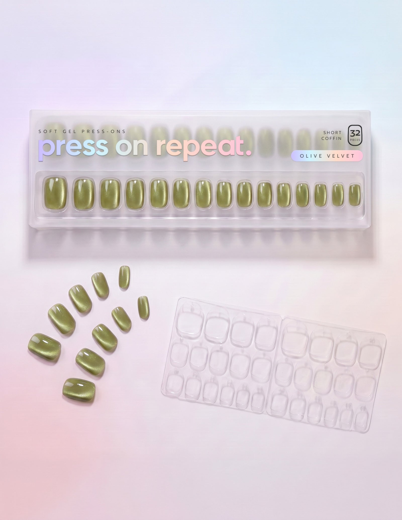 Olive Velvet press-on nails — Coffin (short) retail box with loose nails and adhesive tabs