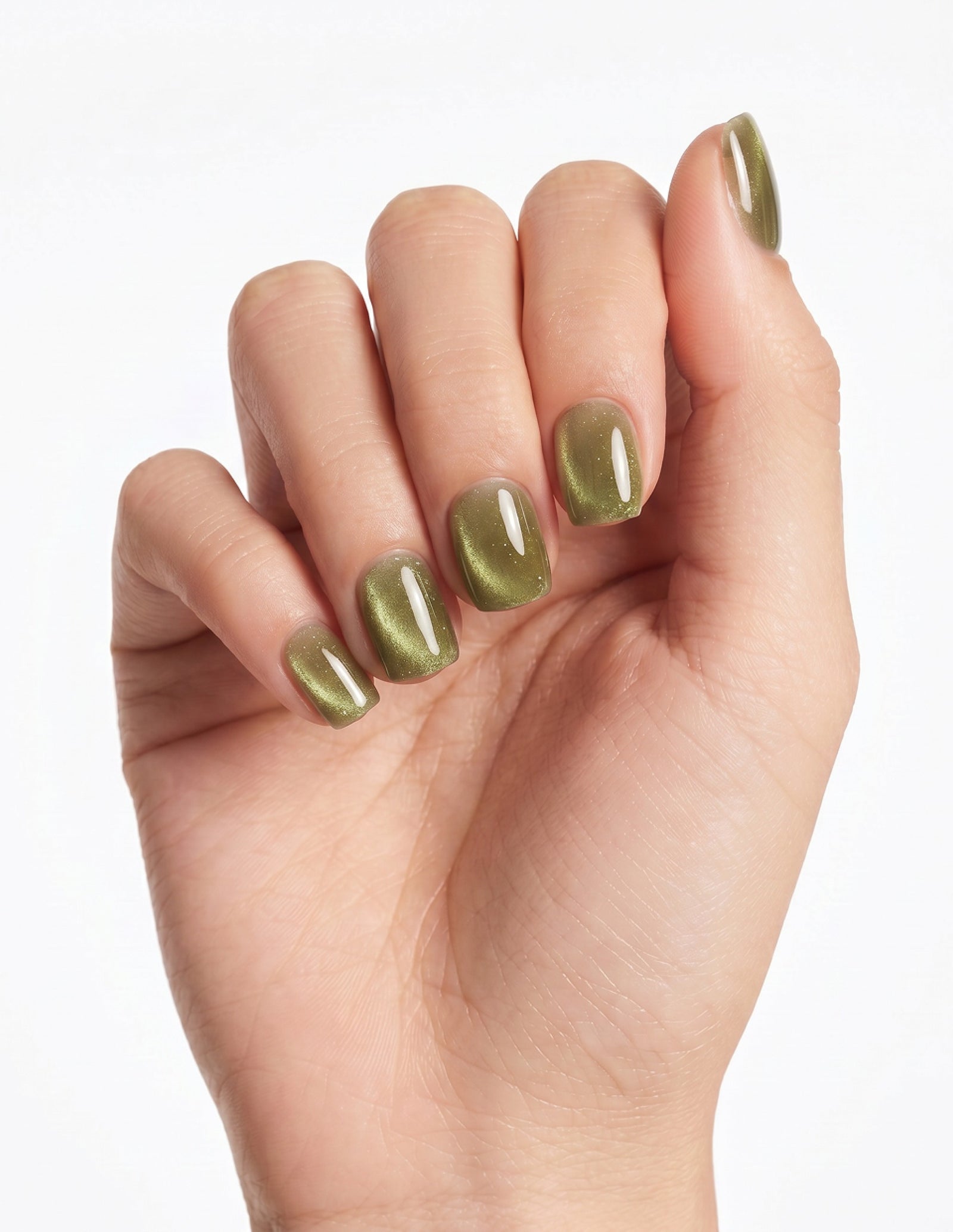 Olive Velvet press-on nails — Coffin (short), light-skin hand, fingers curled