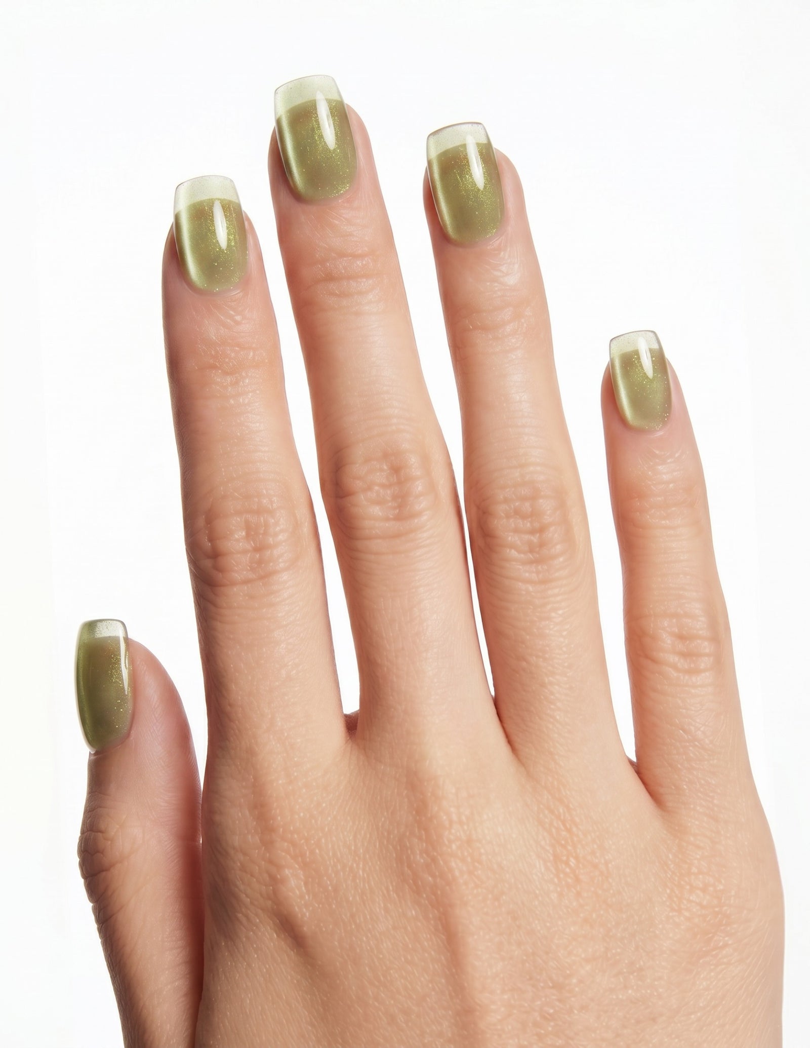 Olive Velvet press-on nails — Coffin (short), light-skin hand, back of hand