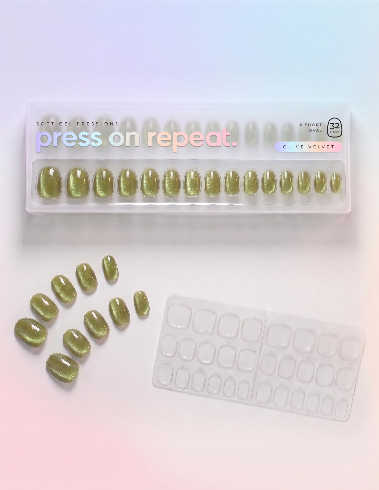 Olive Velvet press-on nails — Oval (extra-short) retail box with loose nails and adhesive tabs