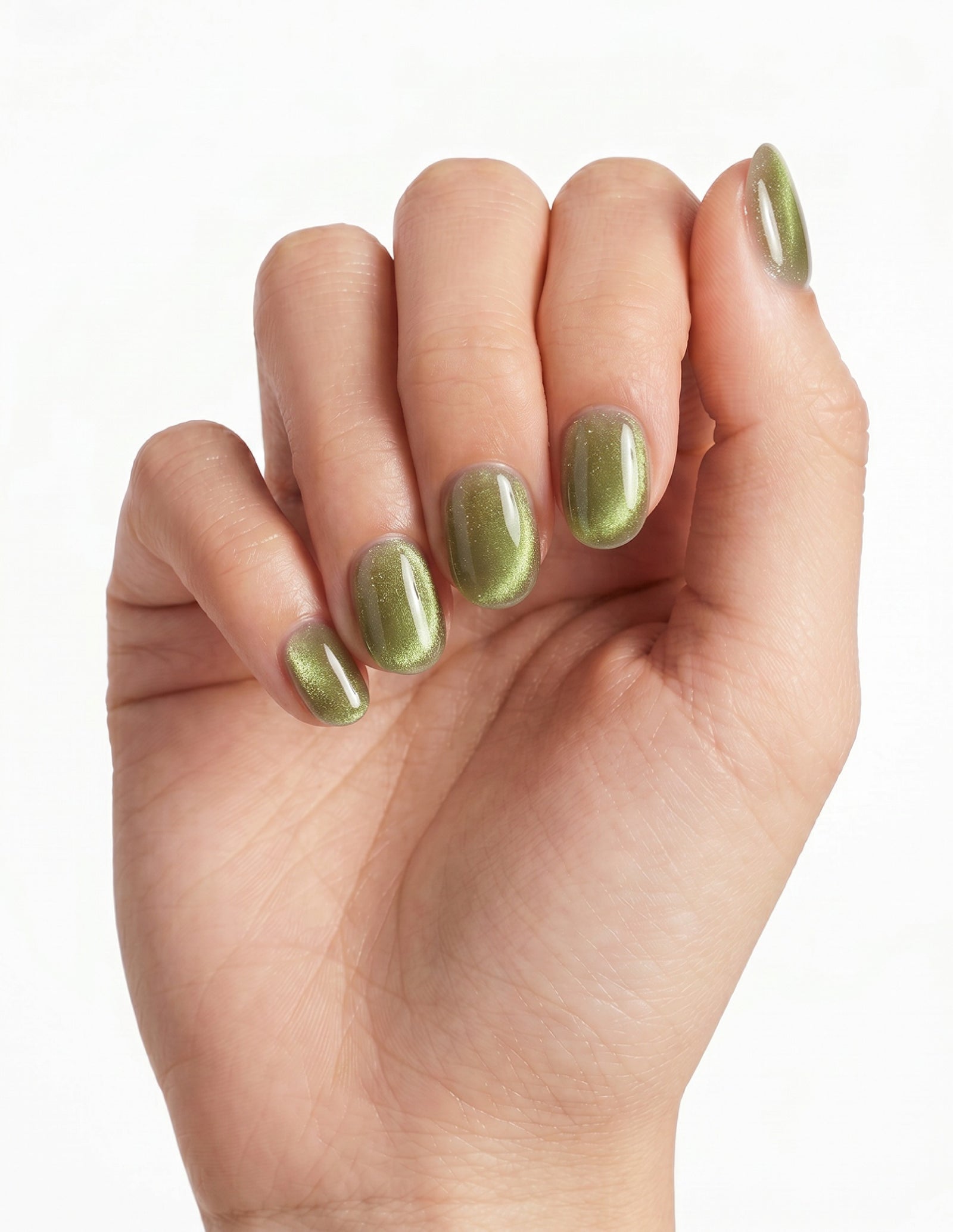 Olive Velvet press-on nails — Oval (extra-short), light-skin hand, fingers curled