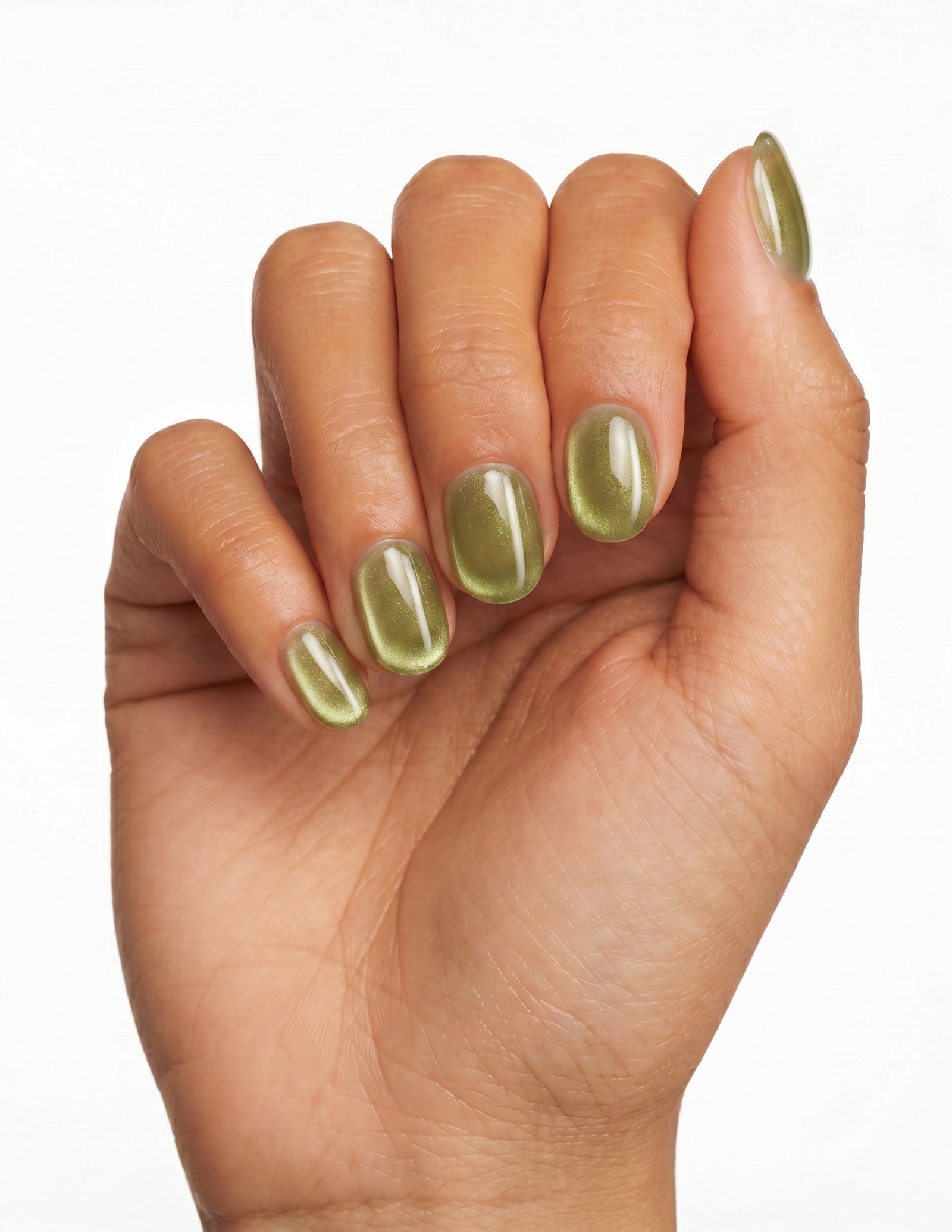 Olive Velvet press-on nails — Oval (extra-short), deep-skin hand, fingers curled
