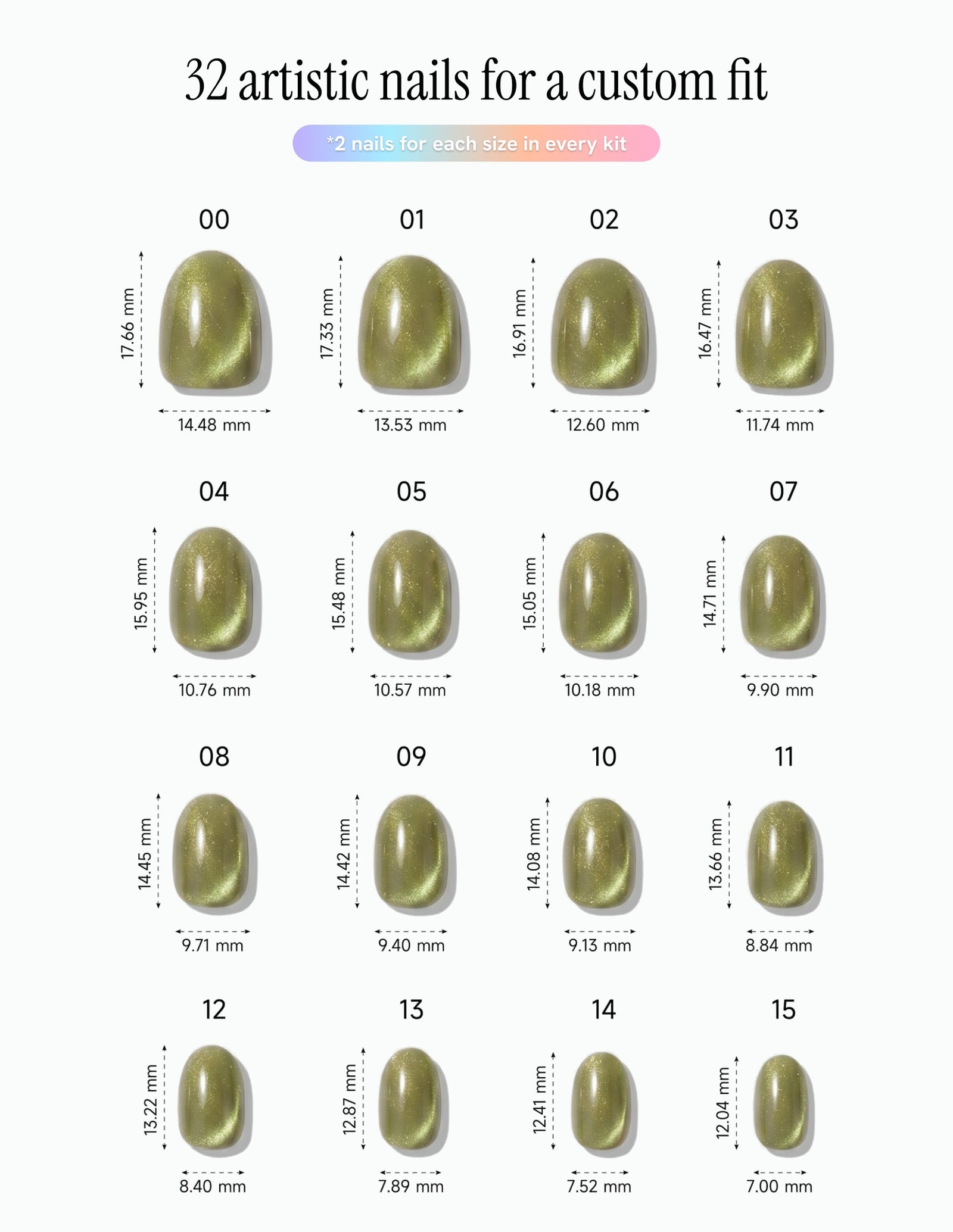 Olive Velvet — Oval size chart, 16 sizes with millimetre measurements