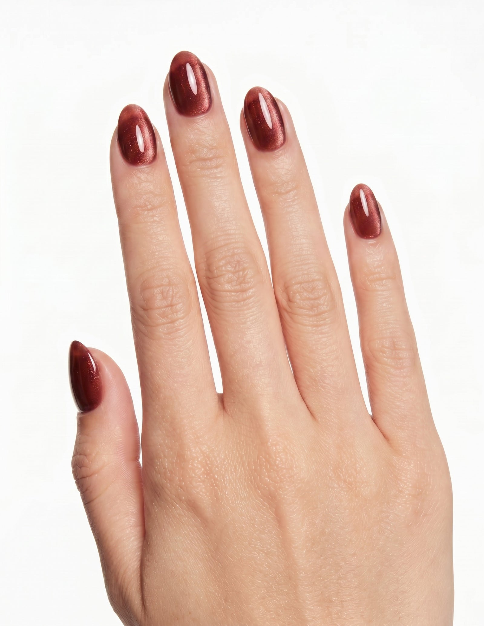 Espresso Velvet press-on nails — Almond (extra-short), light-skin hand, back of hand