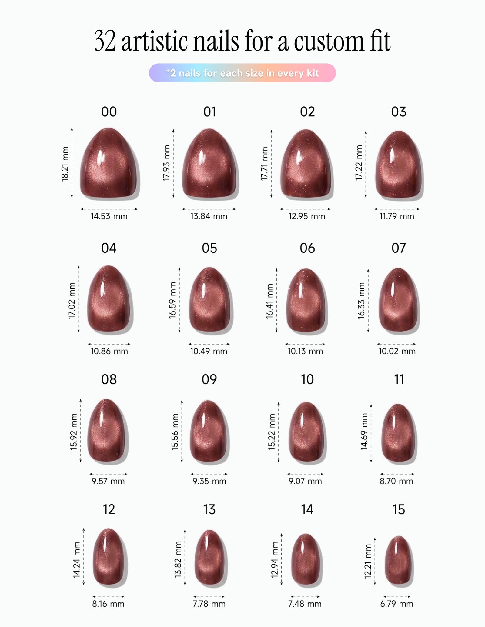 Espresso Velvet — Almond size chart, 16 sizes with millimetre measurements