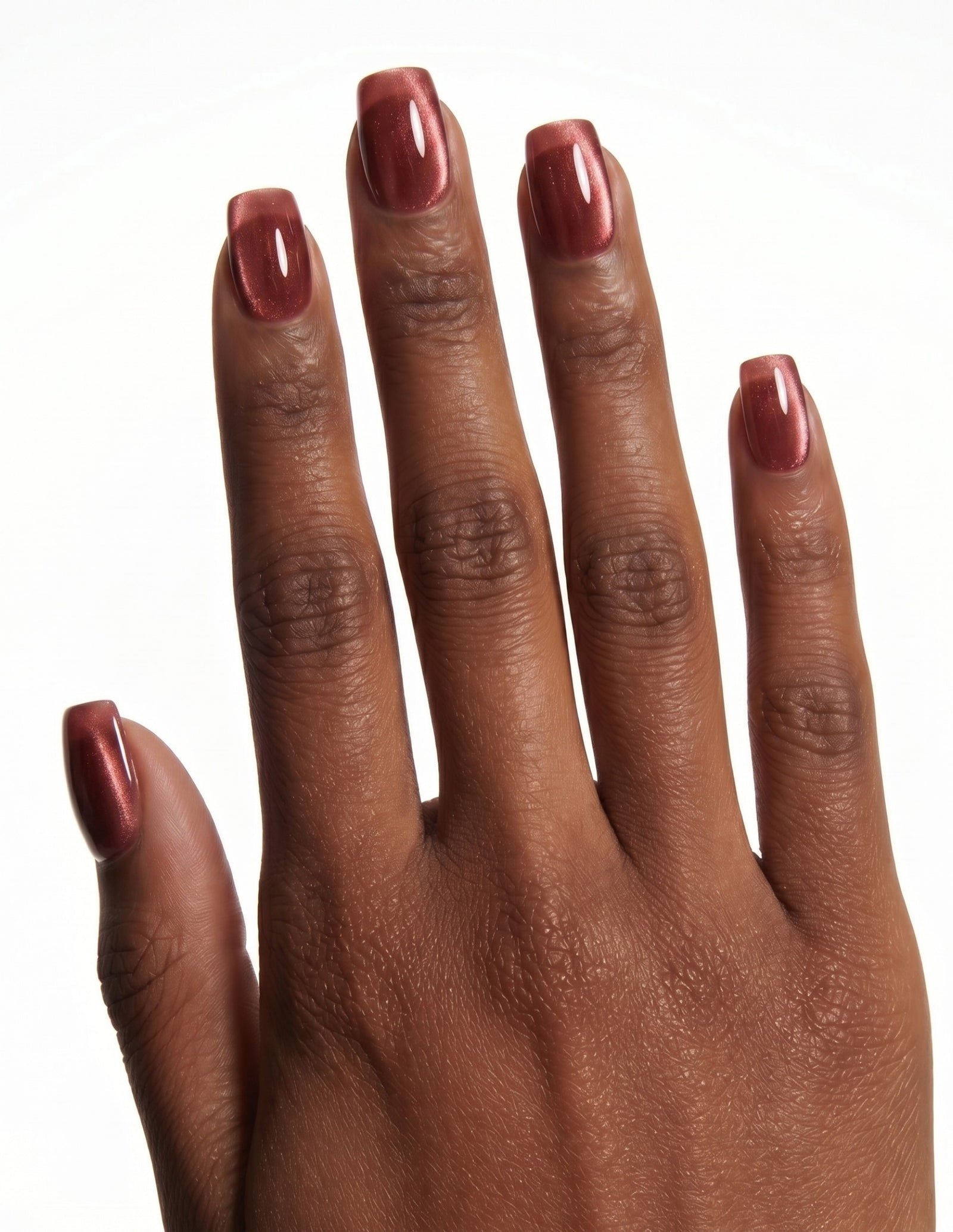 Espresso Velvet press-on nails — Coffin (short), deep-skin hand, back of hand