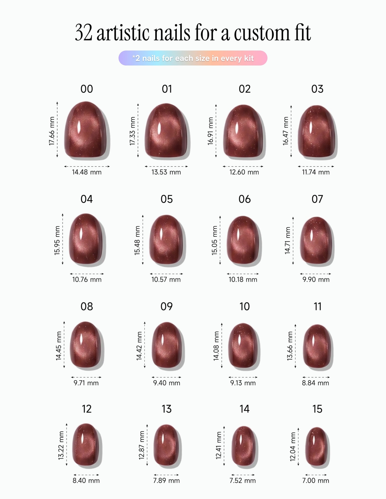 Espresso Velvet — Oval size chart, 16 sizes with millimetre measurements
