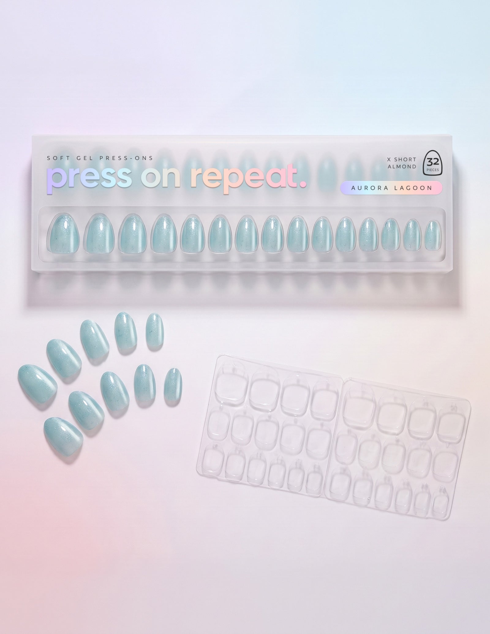 Aurora Lagoon press-on nails — Almond (extra-short) retail box with loose nails and adhesive tabs