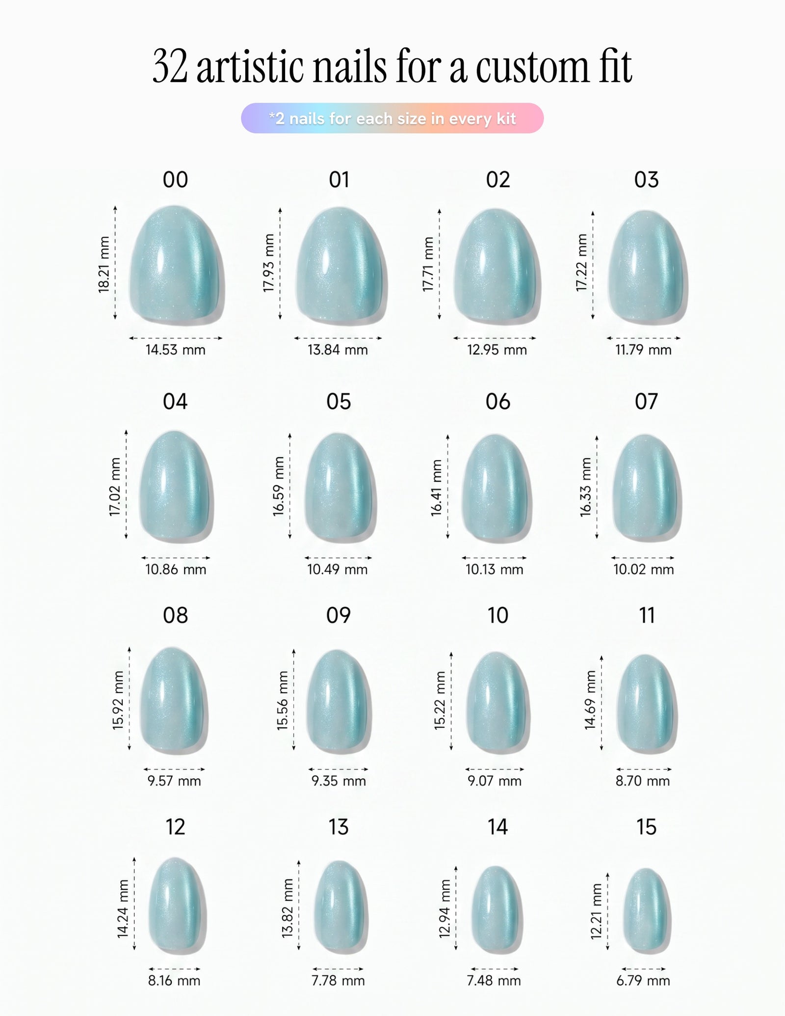 Aurora Lagoon — Almond size chart, 16 sizes with millimetre measurements