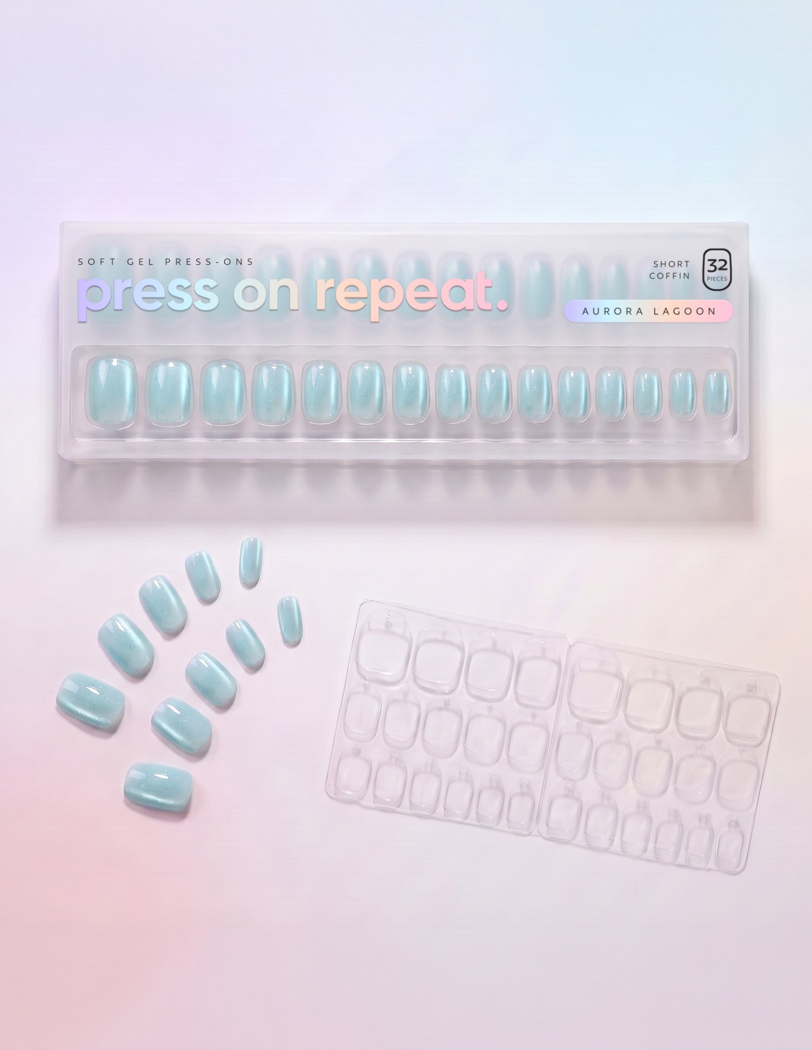 Aurora Lagoon press-on nails — Coffin (short) retail box with loose nails and adhesive tabs