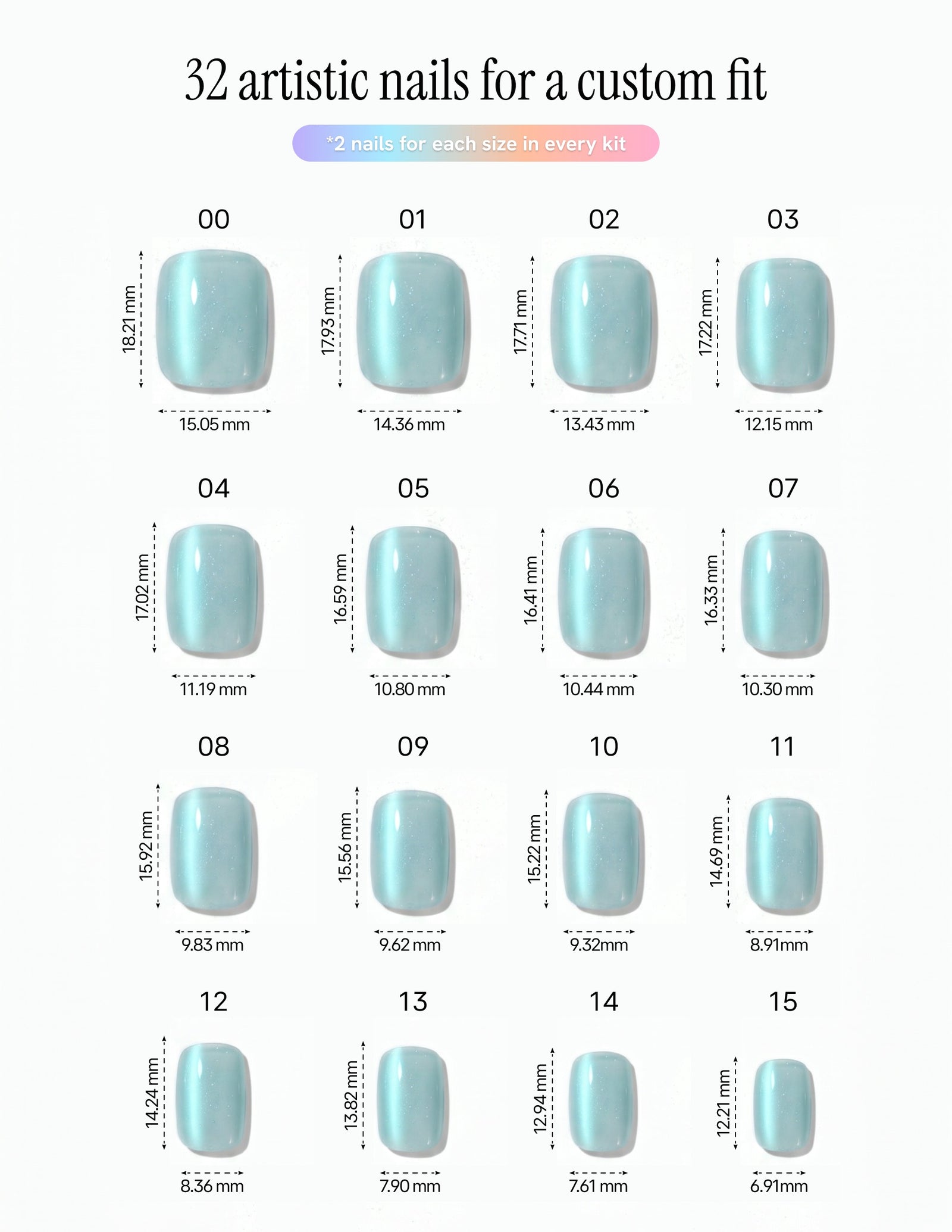 Aurora Lagoon — Coffin size chart, 16 sizes with millimetre measurements