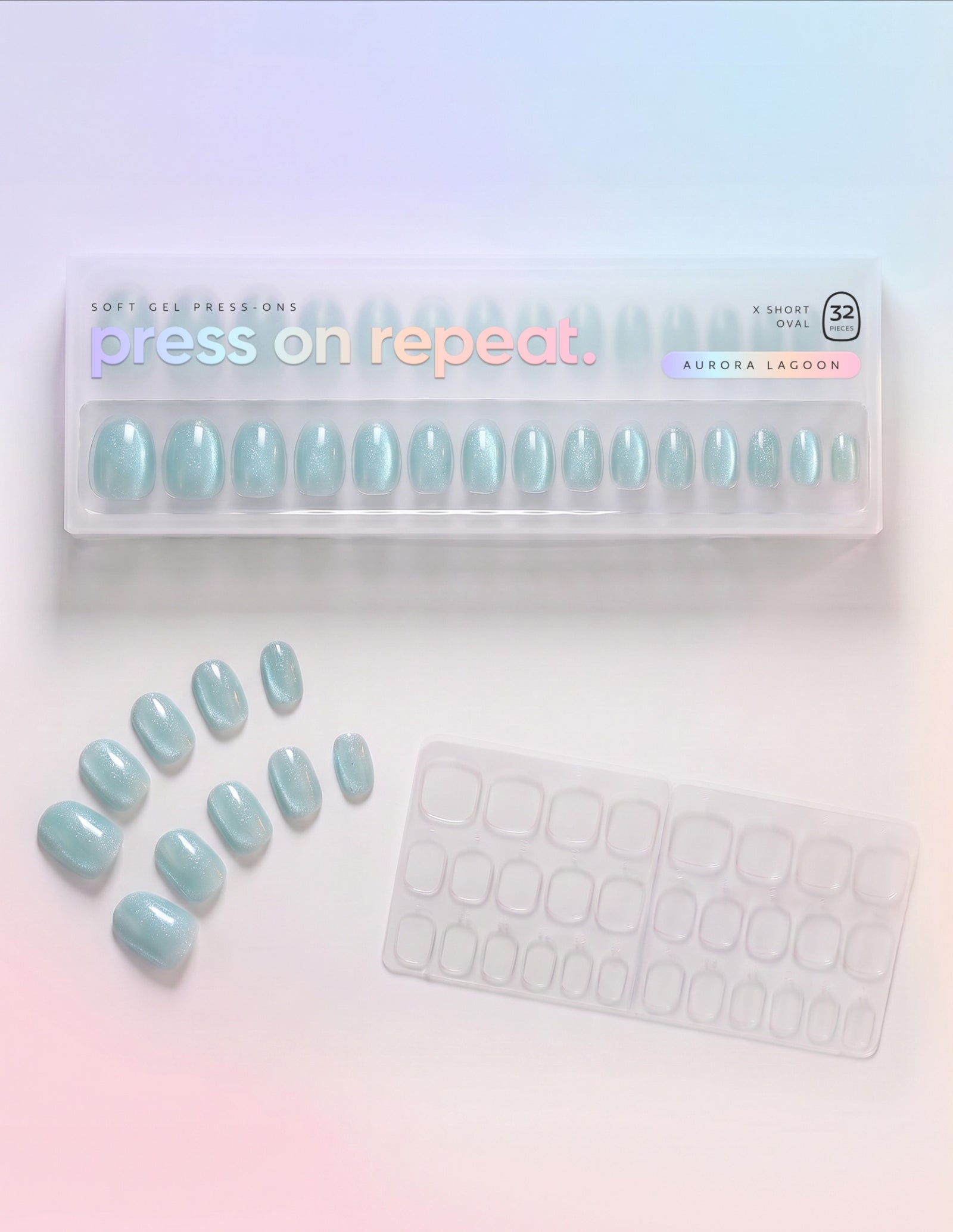 Aurora Lagoon press-on nails — Oval (extra-short) retail box with loose nails and adhesive tabs