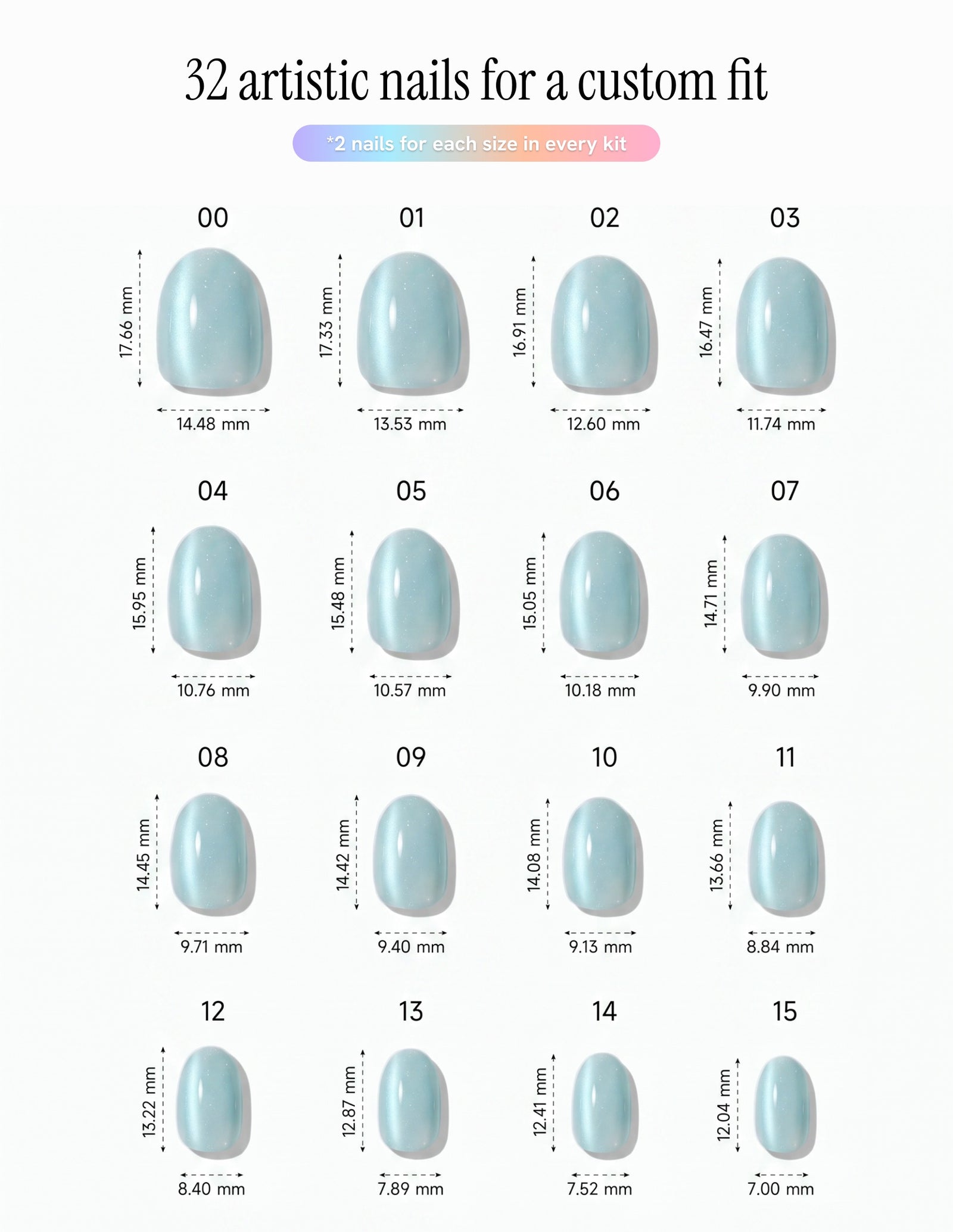 Aurora Lagoon — Oval size chart, 16 sizes with millimetre measurements