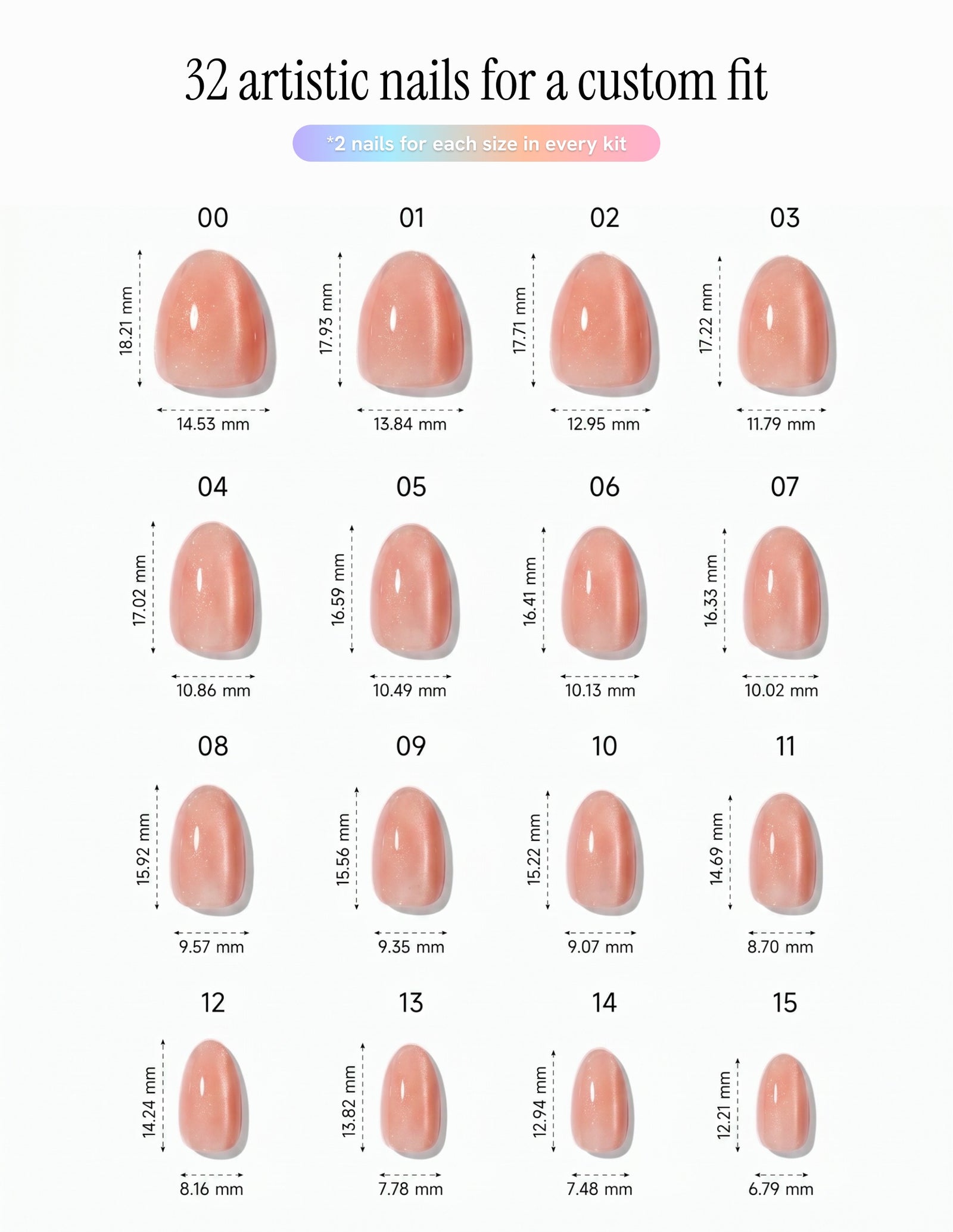 Aurora Blush — Almond size chart, 16 sizes with millimetre measurements