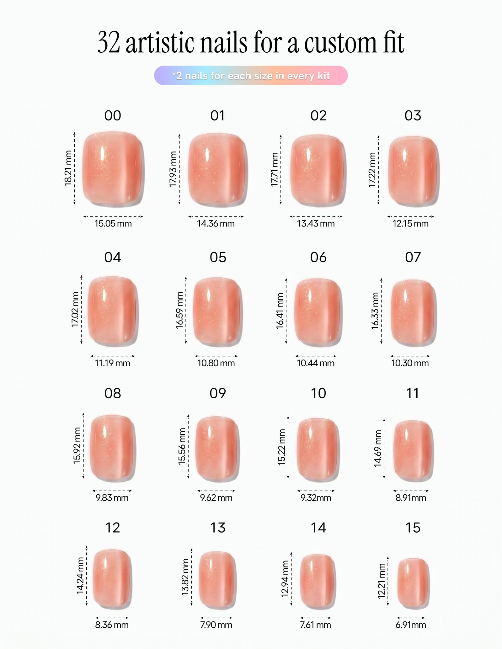 Aurora Blush — Coffin size chart, 16 sizes with millimetre measurements