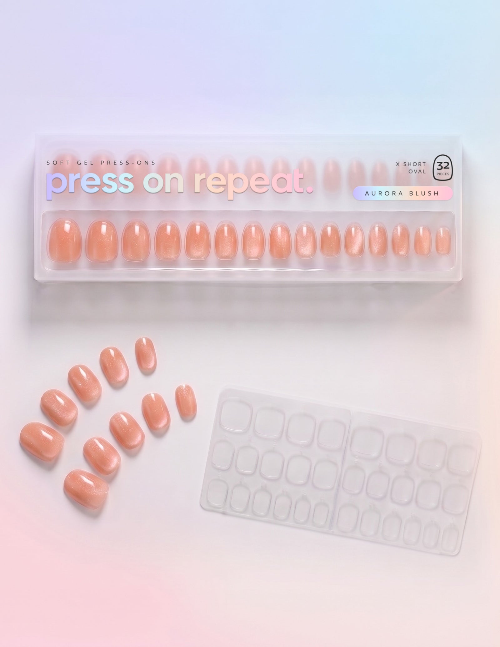 Aurora Blush press-on nails — Oval (extra-short) retail box with loose nails and adhesive tabs