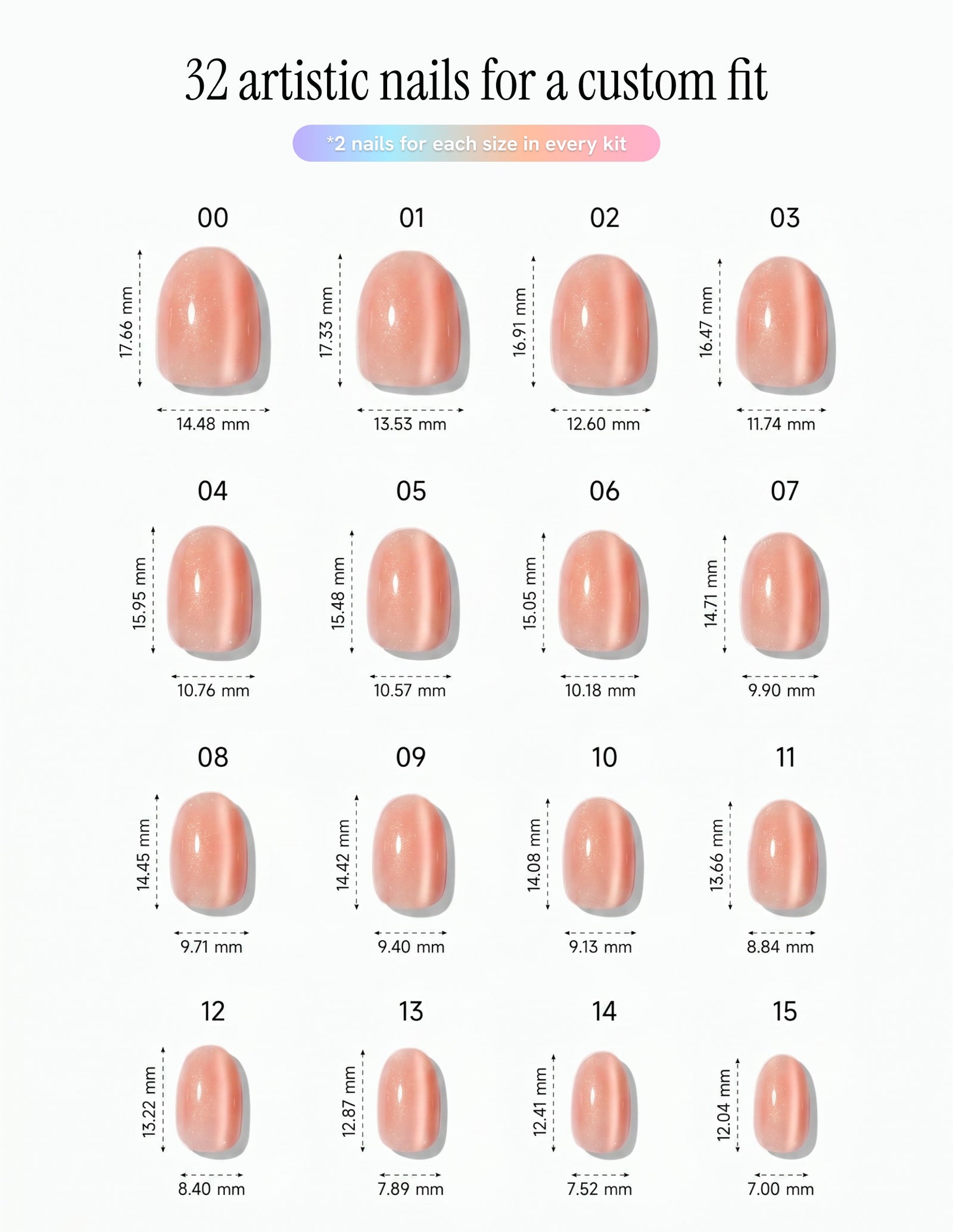 Aurora Blush — Oval size chart, 16 sizes with millimetre measurements