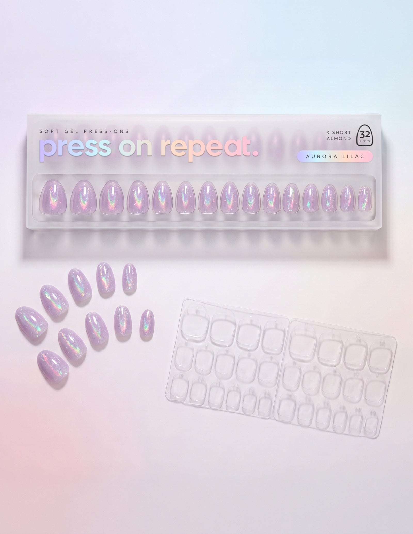 Aurora Lilac press-on nails — Almond (extra-short) retail box with loose nails and adhesive tabs