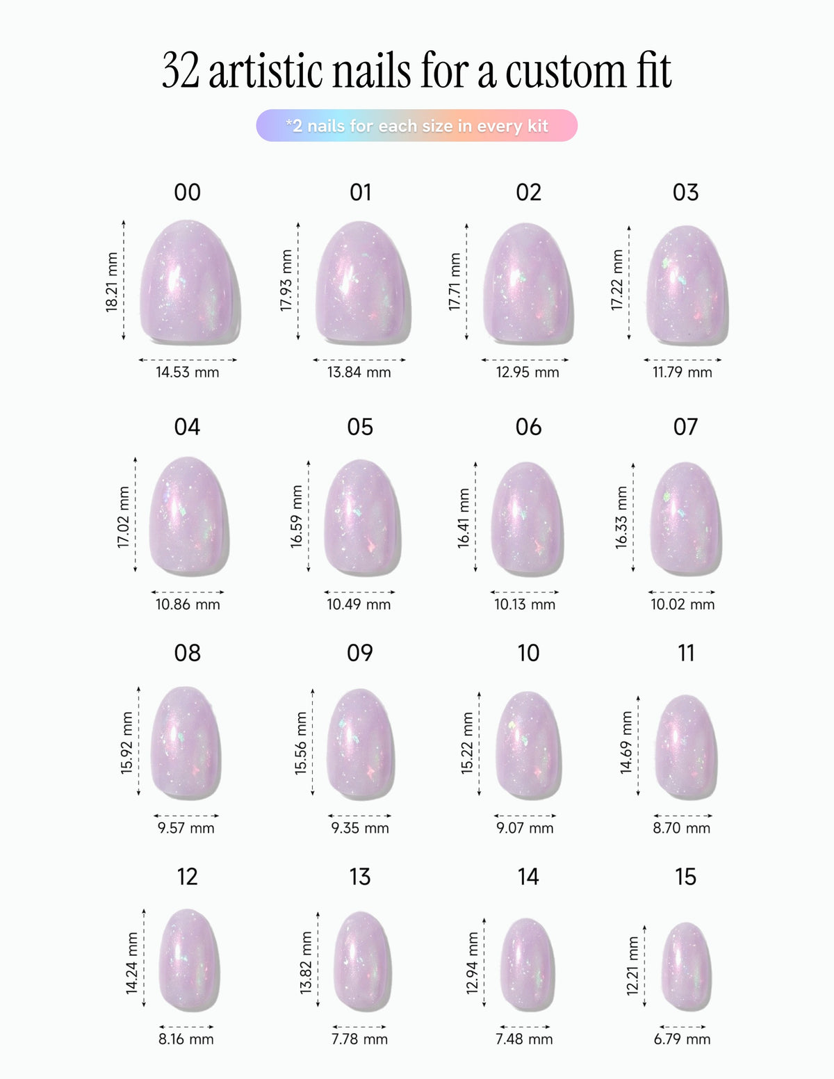 Aurora Lilac — Almond size chart, 16 sizes with millimetre measurements