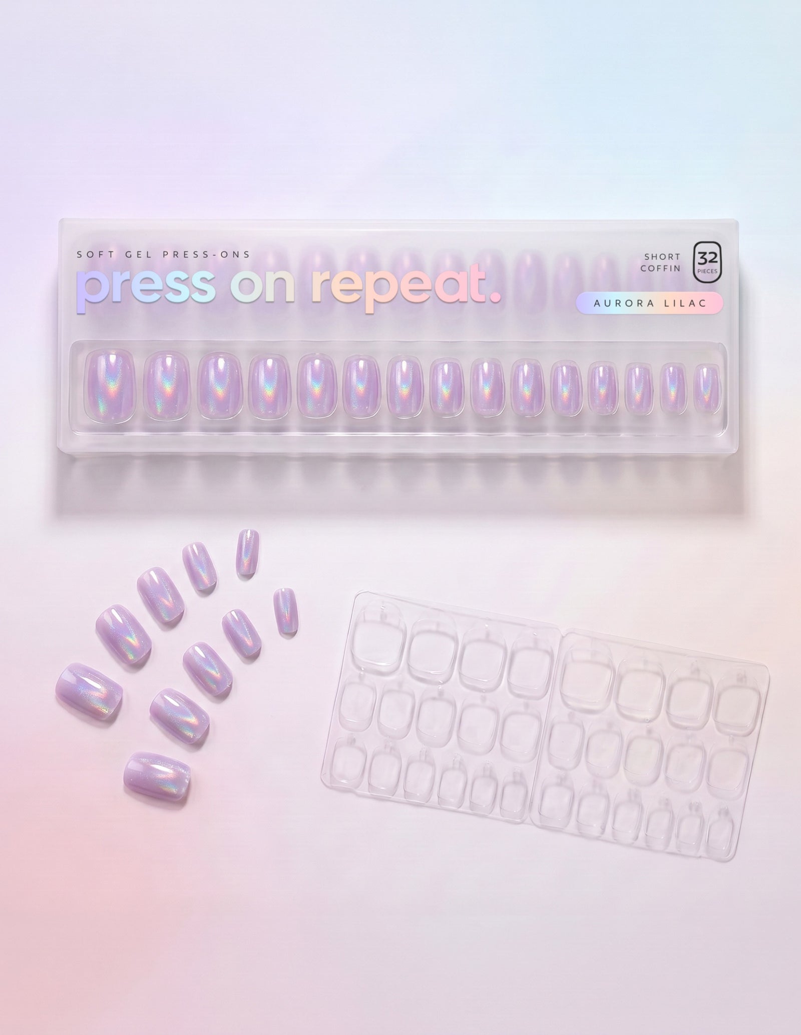 Aurora Lilac press-on nails — Coffin (short) retail box with loose nails and adhesive tabs