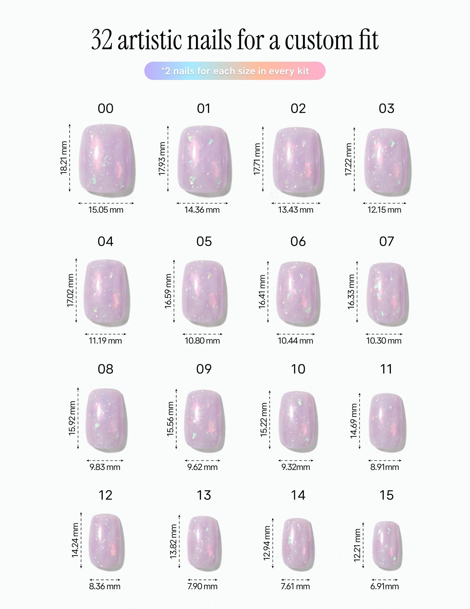 Aurora Lilac — Coffin size chart, 16 sizes with millimetre measurements