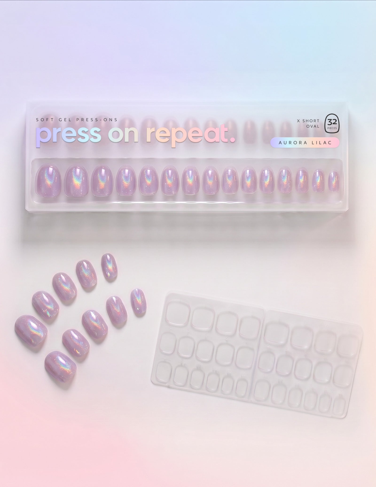 Aurora Lilac press-on nails — Oval (extra-short) retail box with loose nails and adhesive tabs