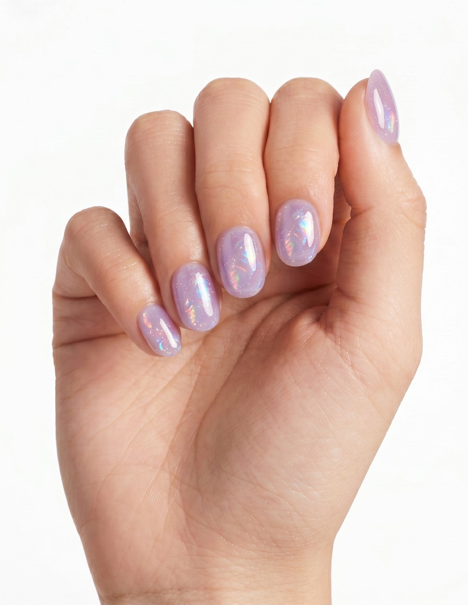 Aurora Lilac press-on nails — Oval (extra-short), light-skin hand, fingers curled
