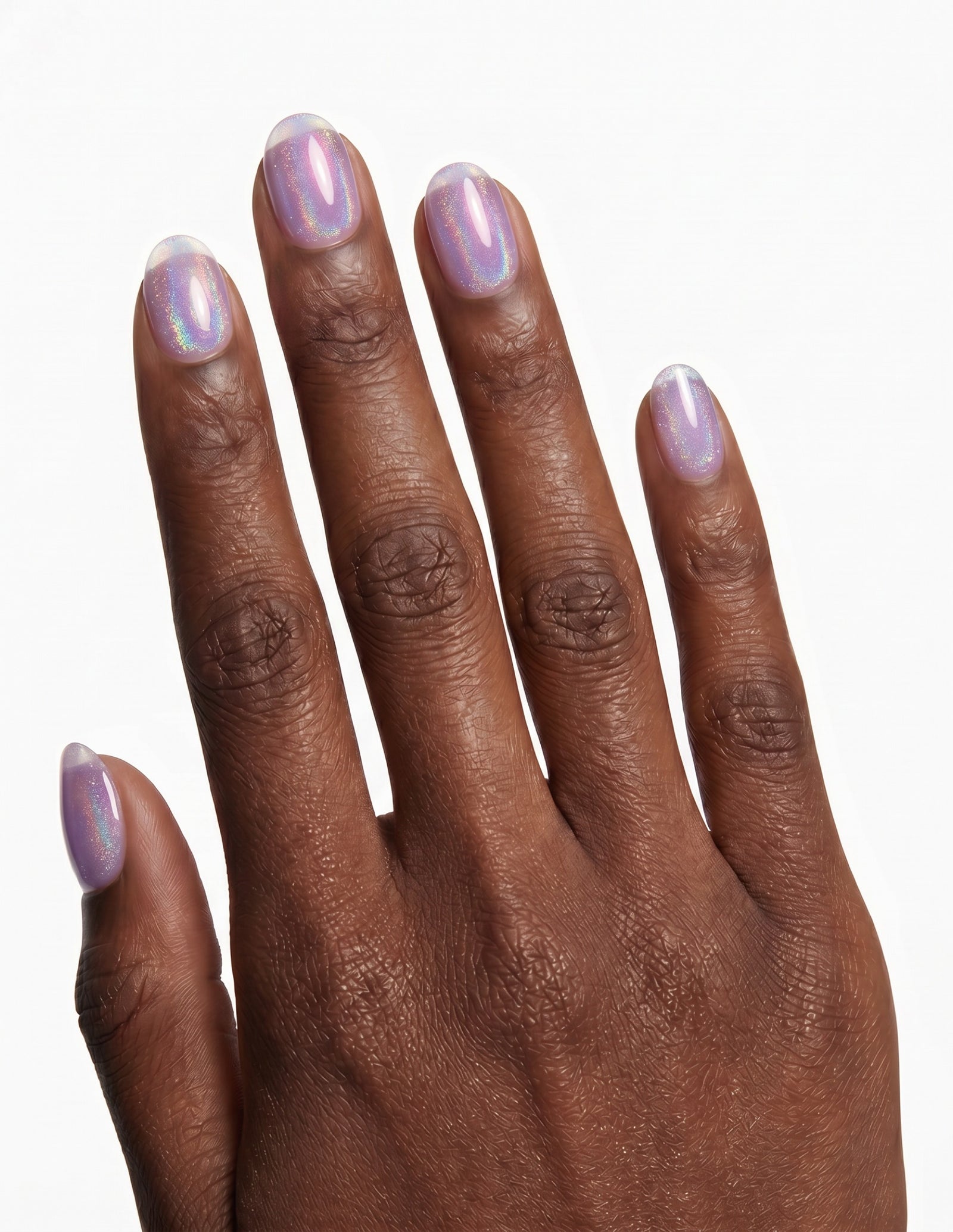 Aurora Lilac press-on nails — Oval (extra-short), deep-skin hand, back of hand