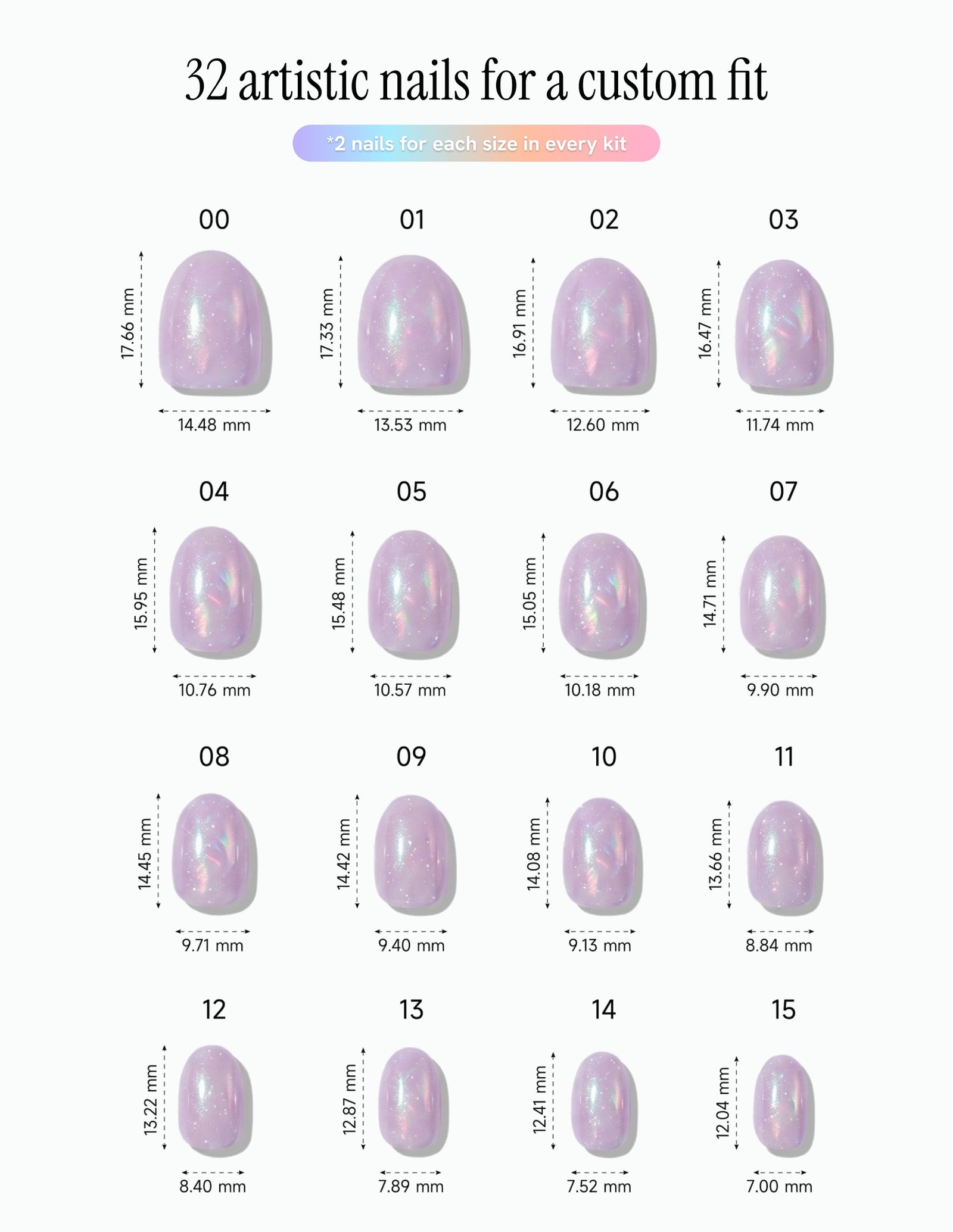 Aurora Lilac — Oval size chart, 16 sizes with millimetre measurements