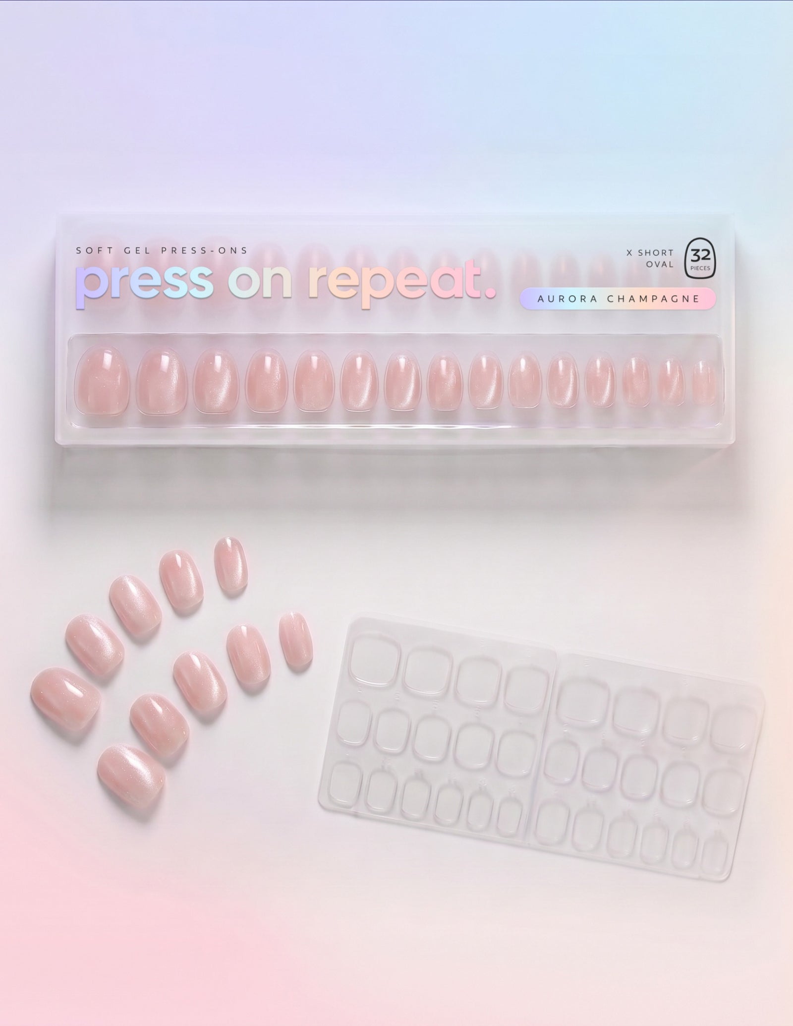 Aurora Champagne press-on nails — Oval (extra-short) retail box with loose nails and adhesive tabs