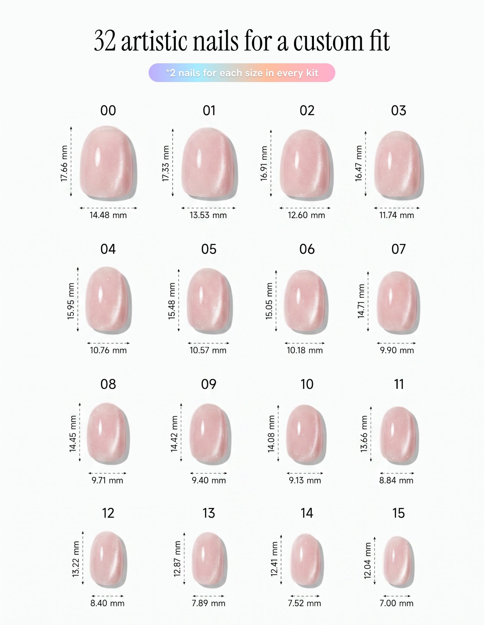 Aurora Champagne — Oval size chart, 16 sizes with millimetre measurements