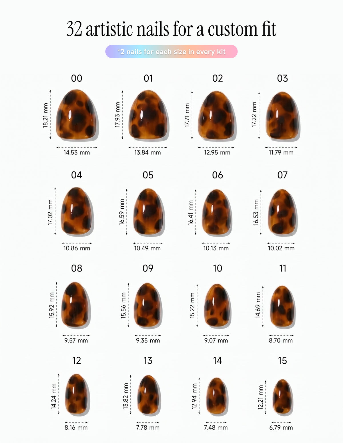 Tortoise — Almond size chart, 16 sizes with millimetre measurements
