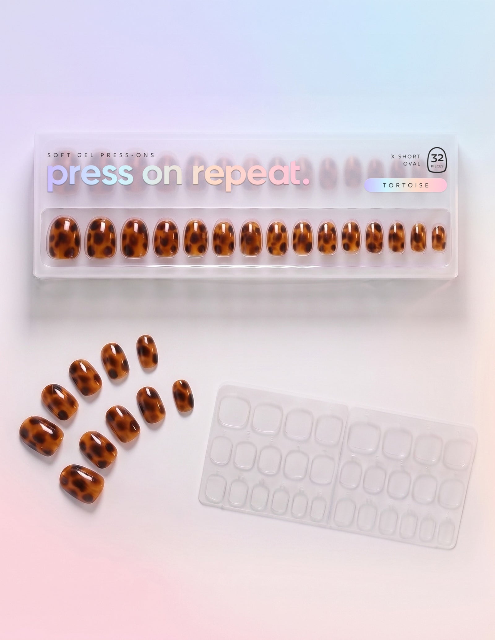 Tortoise press-on nails — Oval (extra-short) retail box with loose nails and adhesive tabs