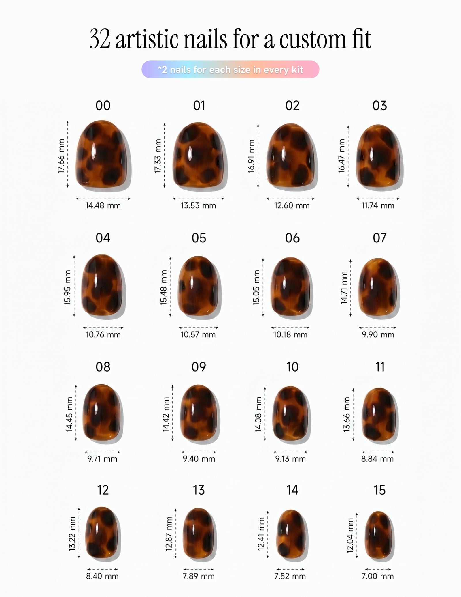 Tortoise — Oval size chart, 16 sizes with millimetre measurements