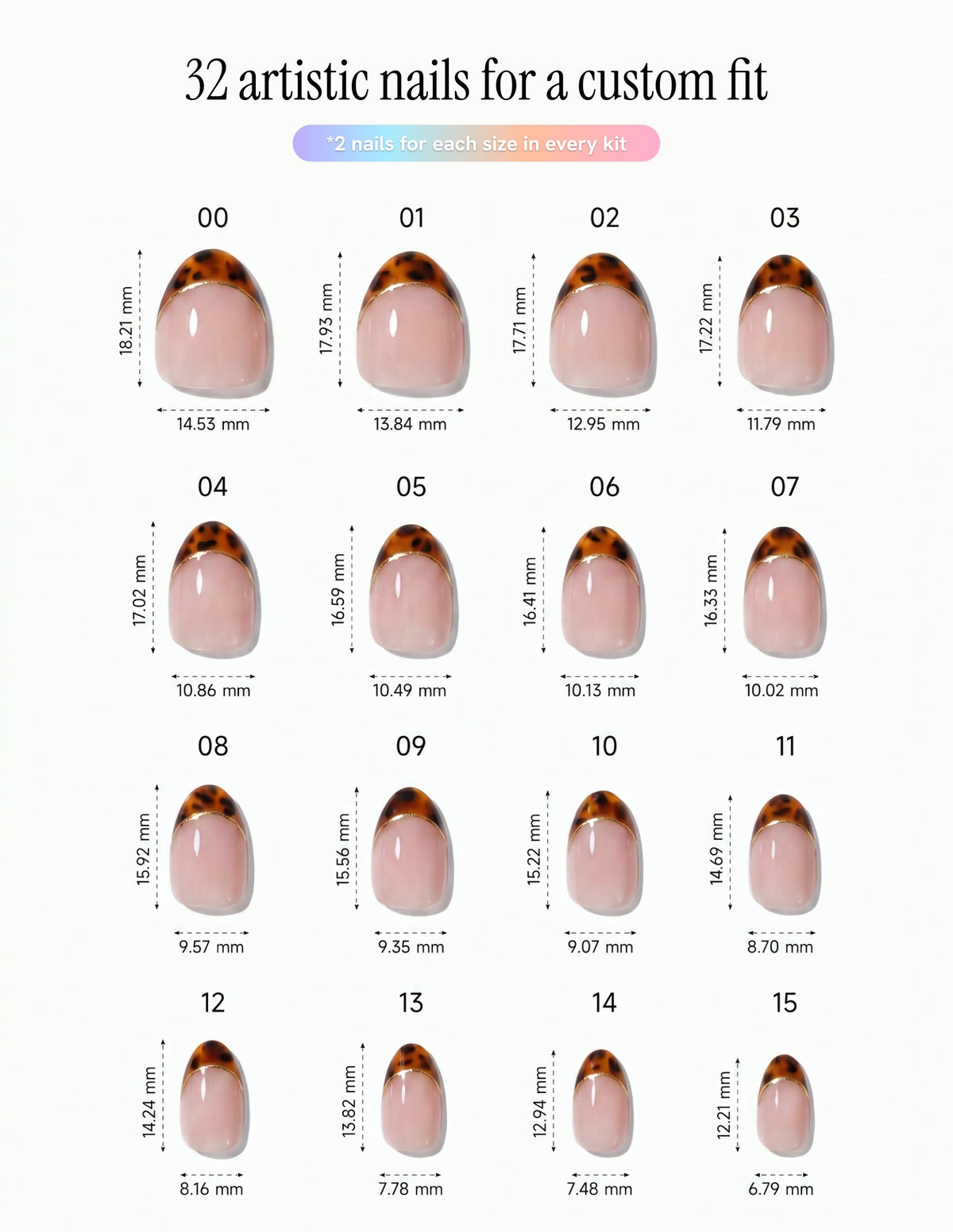 Tortoise Tips — Almond size chart, 16 sizes with millimetre measurements