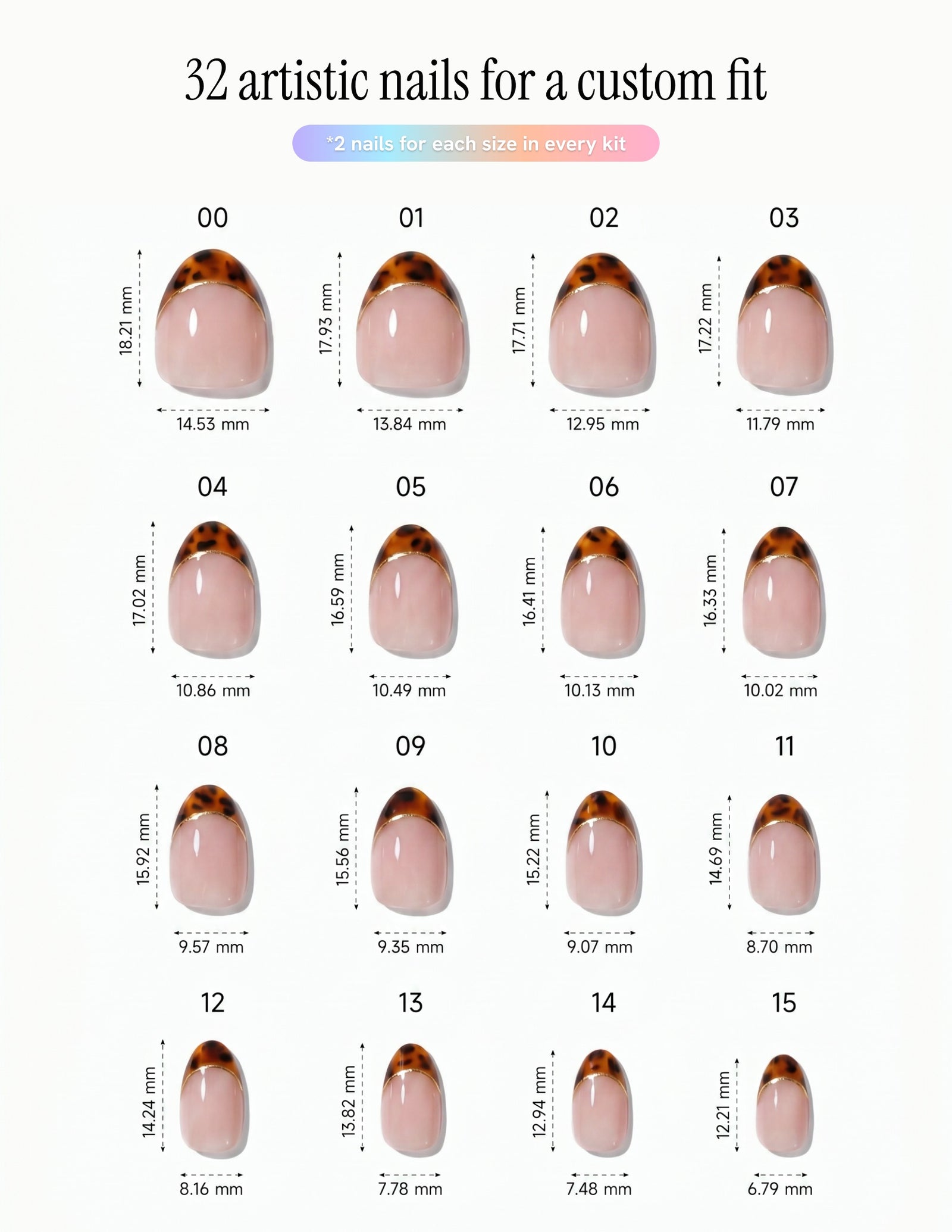 Tortoise Tips — Almond size chart, 16 sizes with millimetre measurements