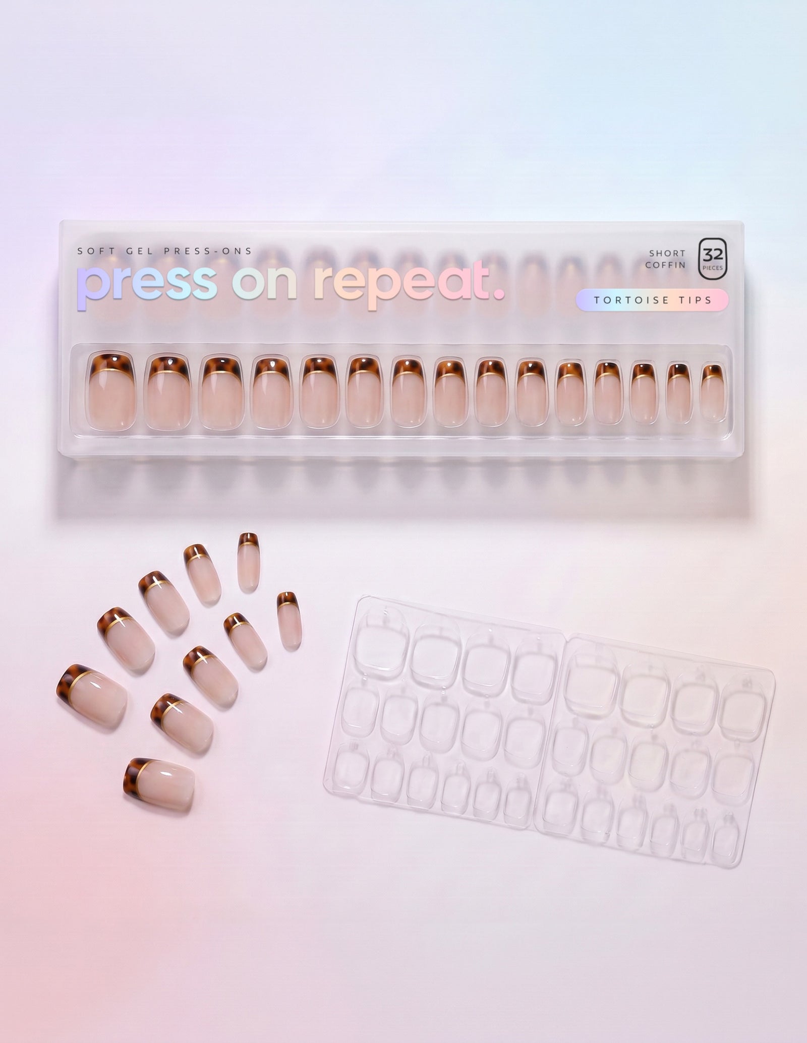 Tortoise Tips press-on nails — Coffin (short) retail box with loose nails and adhesive tabs