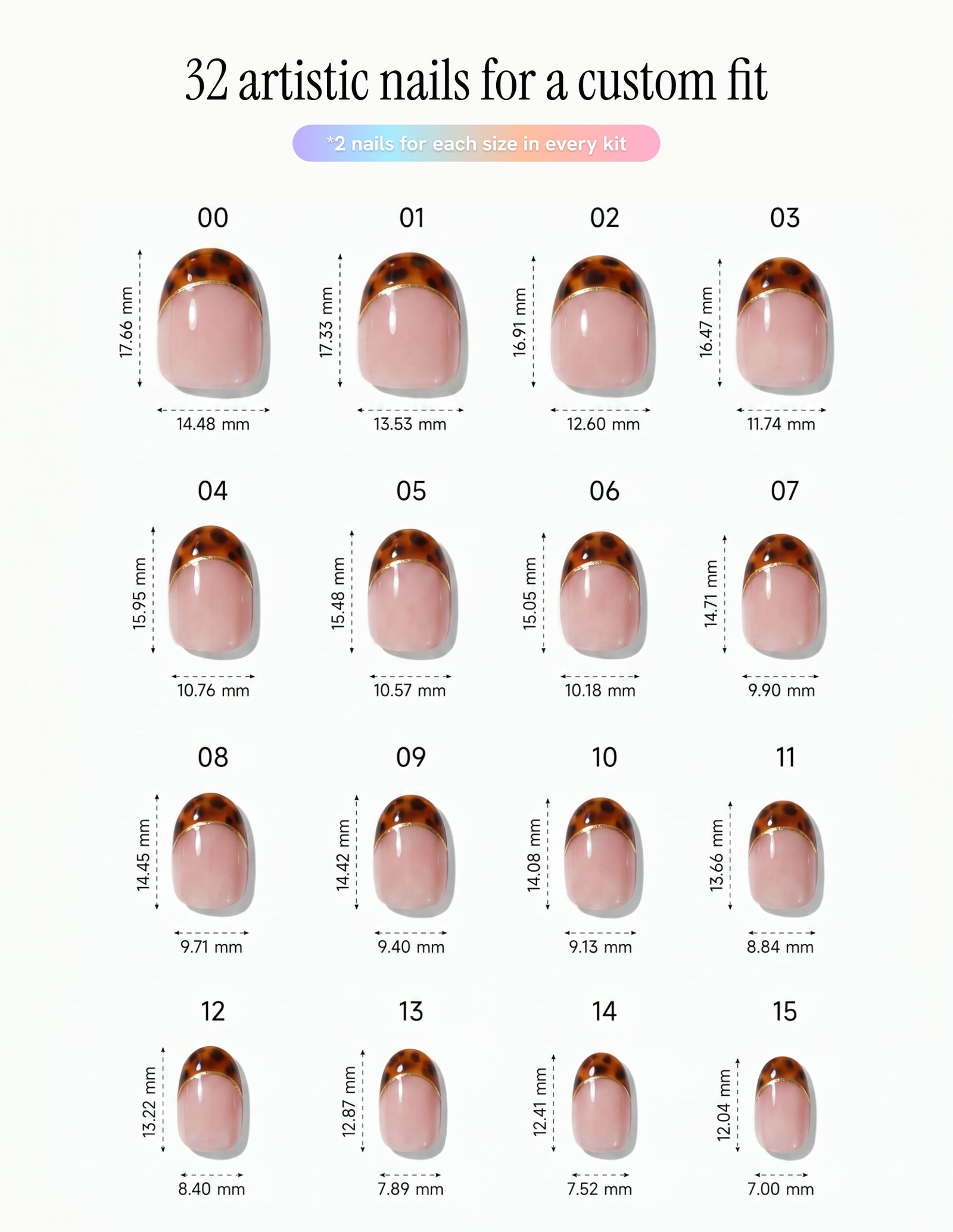 Tortoise Tips — Oval size chart, 16 sizes with millimetre measurements
