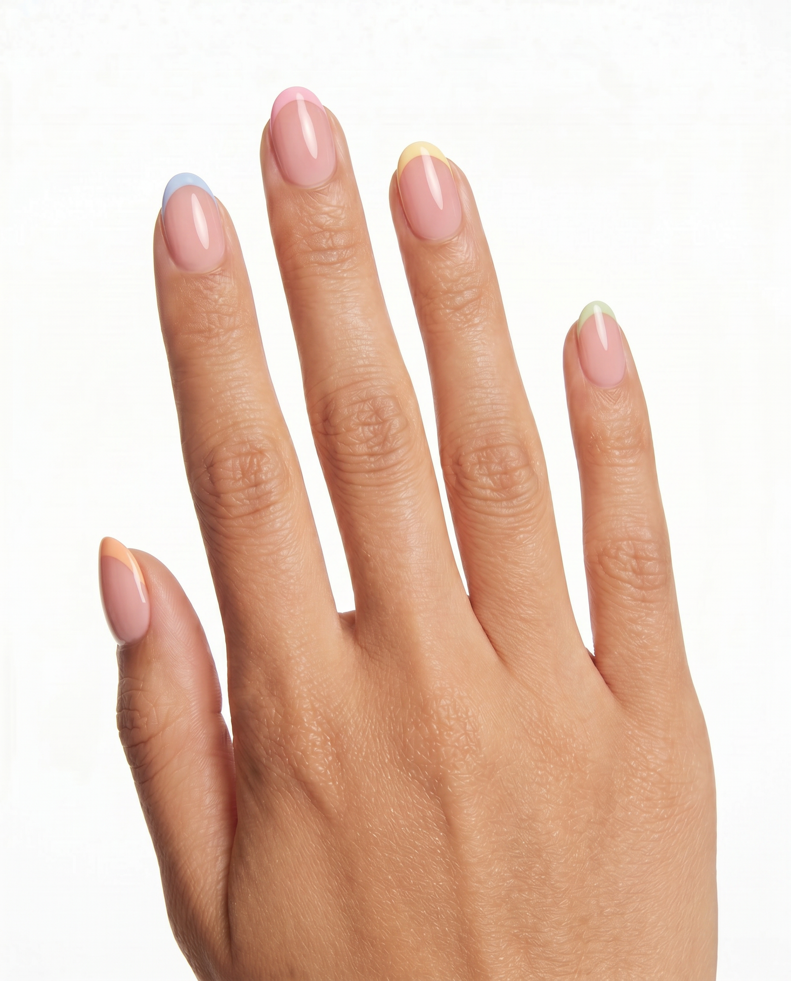 Sorbet Tips press-on nails — Almond (extra-short), Tan hand