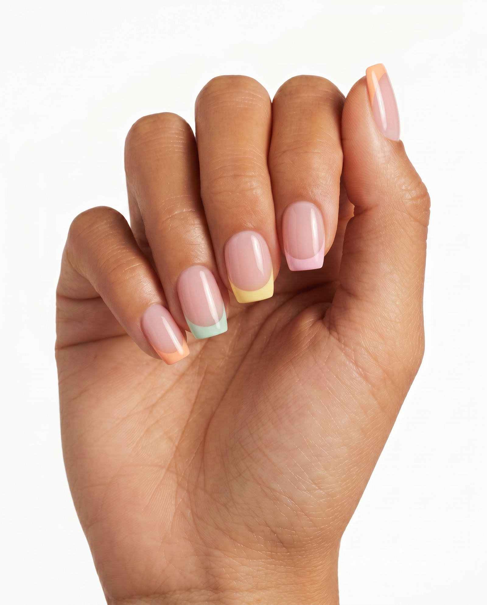 Sorbet Tips press-on nails — Coffin (short), Tan hand