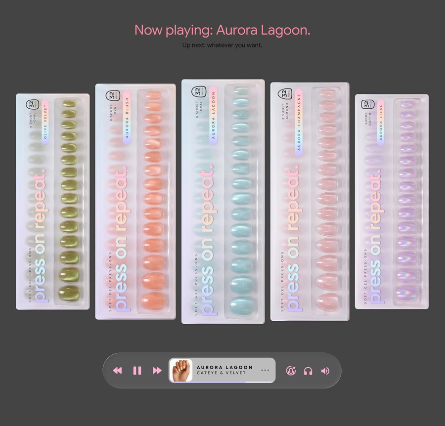 Five press-on packs lined up on a dark shelf above a music player bar reading now playing, Aurora Lagoon.