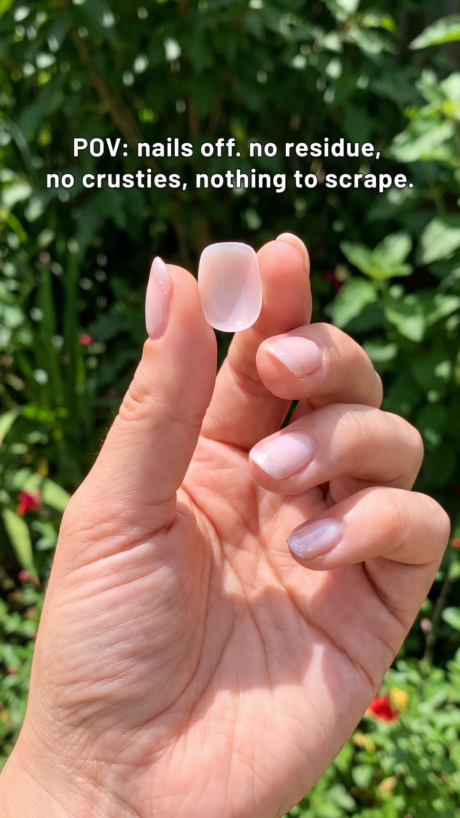 A hand holding one press-on up to the light after removal, captioned: nails off, no residue, no crusties, nothing to scrape.