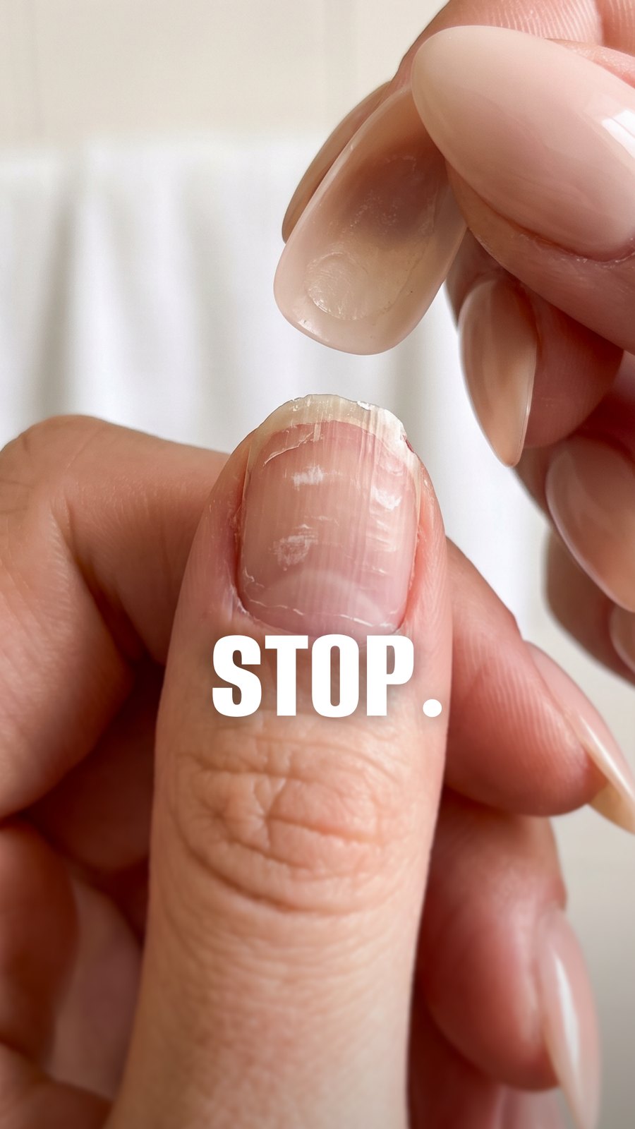 A thinned, damaged natural nail held up after glue removal, captioned: stop.