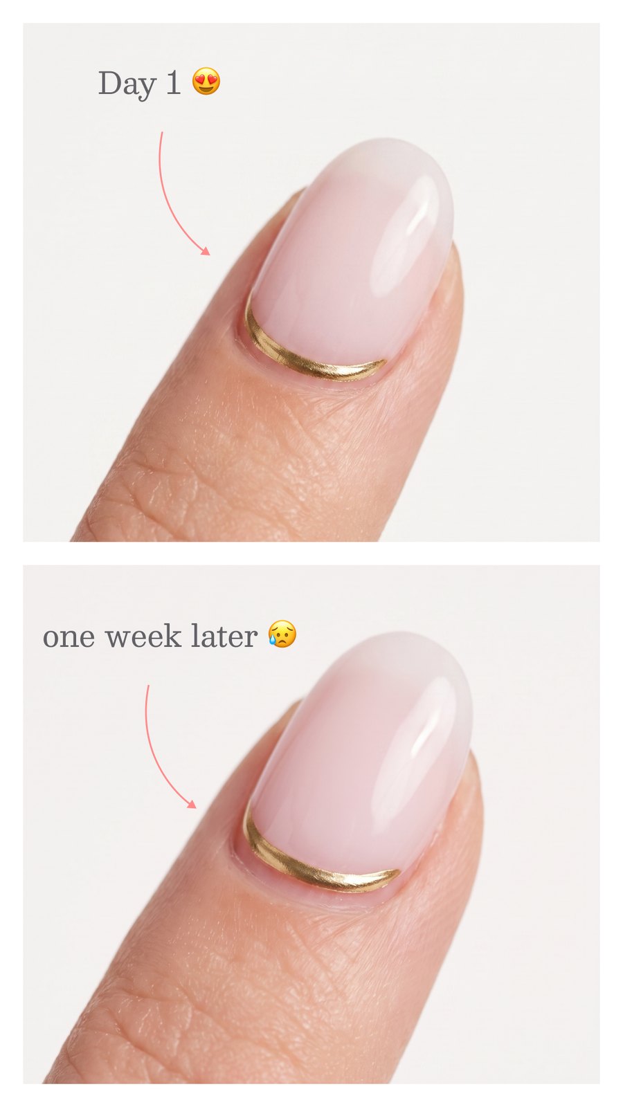 The same finger stacked twice: day one flush at the cuticle, one week later with a gap behind the press-on.